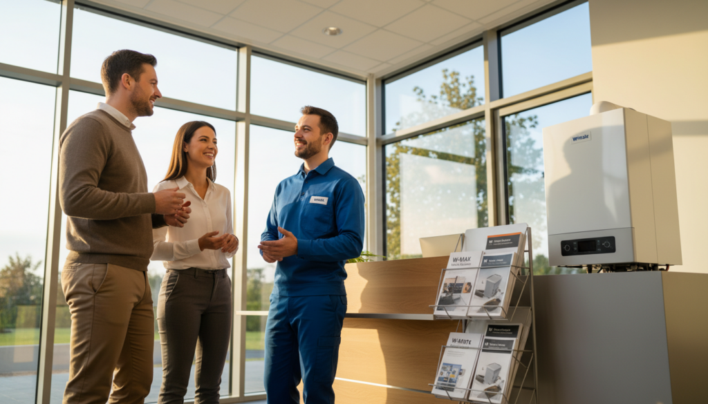 A professional service scene illustrating customer reviews for W-MAX, featuring a welcoming office environment. In the foreground, a diverse group of three clients, comfortably dressed in smart casual attire, is engaging in conversation with a friendly technician in a branded W-MAX uniform. The middle ground shows a sleek, modern reception desk adorned with a Brötje boiler display, and a brochure rack filled with service information. In the background, large windows allow warm, natural light to stream in, illuminating the space and creating a positive atmosphere. The overall mood conveys satisfaction and professionalism, highlighting trust in the W-MAX service. Capture the scene with a slight upward angle to showcase the interaction and the welcoming environment.
